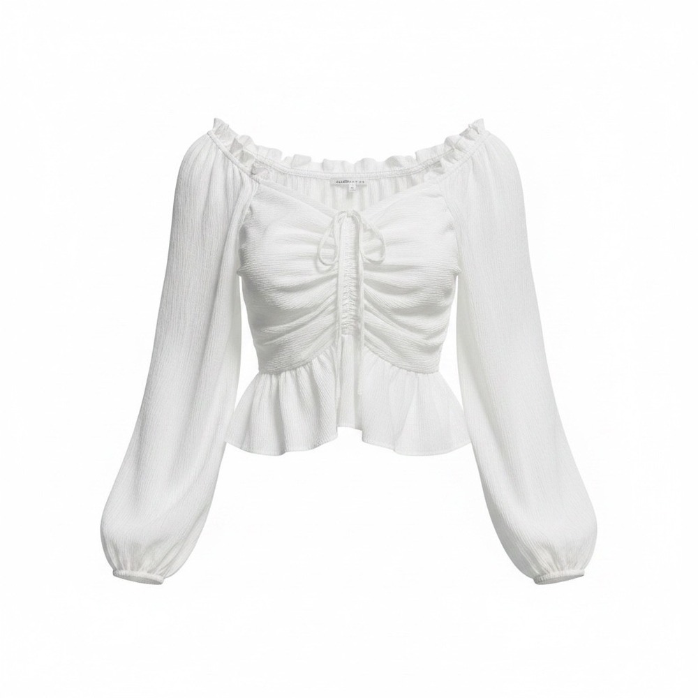 White Milkmaid Peasant Top Ruched Tie Front Smocked Back Peplum Long Sleeve M